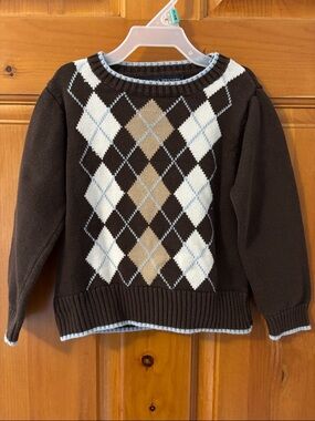 Vintage Argyle Pattern Brown Knit Sweater with White & Beige Diamonds